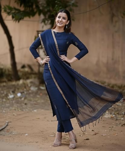 Image of GoSriKi Viscose Printed Straight Kurta with Pant and Dupatta for Women | Viscose Cream | 3 /4 Sleeve | High Neck | Ethnic Wear Casual Wear
