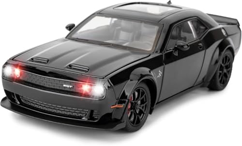 Image of WORSHIPER 1:24 Dodge Challenger SRT Exclusive Alloy Metal Pull Back Die-cast Car Model with Sound Light Mini Auto Toy for Kids for Toy Car with Sound and Light (1:24 Dodge Challenger - Black)