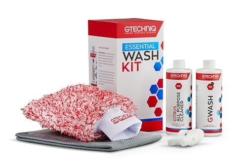 Gtechniq Essential Car Wash Kit, Car Cleaning Kit with Car Shampoo, Wheel Cleaner, Microfiber Car Wash Mitt and Microfiber Towel, Car Accessories for Highly Effective Cleaning