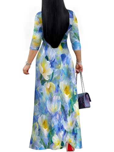 Image of Women's V Neck Floral Maxi Dress 3 /4 Sleeve Plus Size Boho Wrap Flowy Long Dresses with Belt