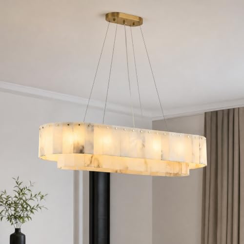 Eclatcrys 40 Inch Rectangular Alabaster Chandelier, 14 Light Modern Linear Pendant Light with Natural Stone and Brass Gold Finish, Luxury Ceiling Fixture for Dining Room Dining Table Kitchen Island