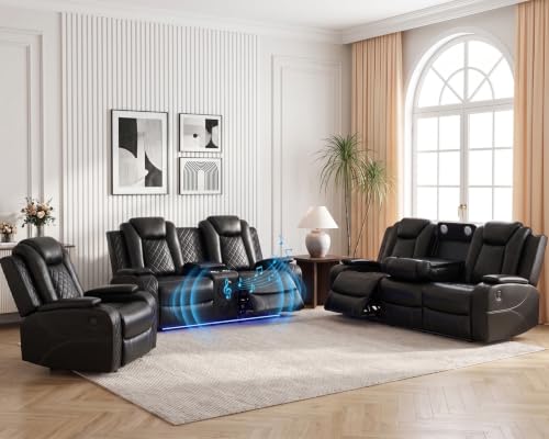 Plithzy Power Recliner Sofa Set with Speaker, Faux Leather Living Room Furniture Set 3 Piece, Reclining Sofa Loveseat Chair Set with USB Port/Cup Holders/Storage (Black with Speaker)