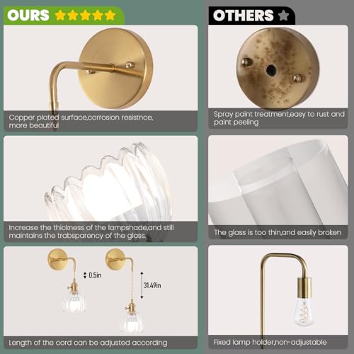 Image of Vintage Battery Operated Wall Sconces Sets Of Two, Indoor not Hardwired Transparent Tulip Glass Lampshade Fixtures, Rechargeable Wireless RGB Wall Lights with Dimmable Remote, for Bedroom Living Room