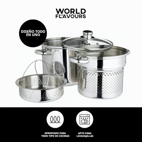 Miniatura 3 de Kitchen Craft World Of Flavours-Olla Para Pasta Con Colador Y Cesta Vaporera De Verduras Acero Inoxidable , Plateado, 20 Cm