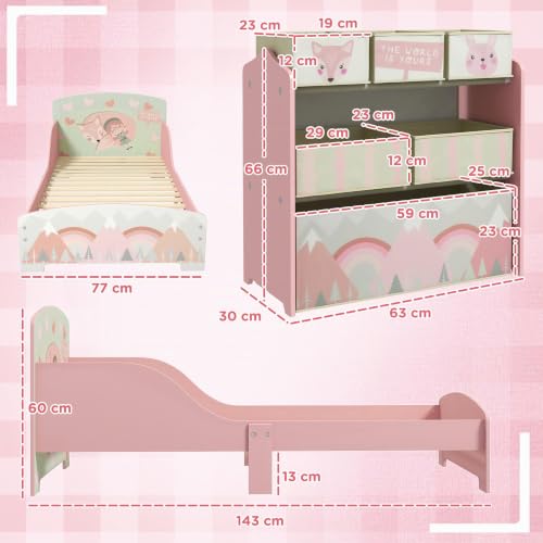 Miniatura 7 de Zonekiz Conjunto Para Niños Incluye 1 Cama Infantil De Madera Con Barreras De Protección Y 1 Estantería Para Juguetes Con 6 Cajas De Tela No Tejida Extraíbles Rosa