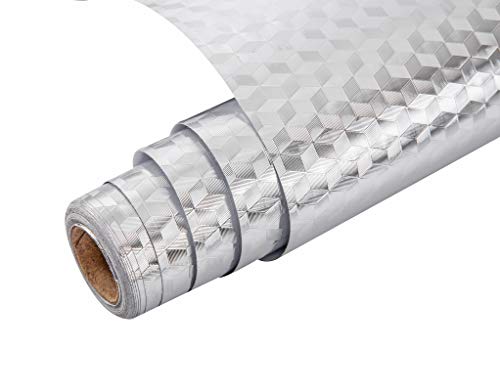 Bloss Kitchen Backsplash Oil Proof Sticker WallpaperSelf-Adhesive Under Sink Mat Kitchen Cabinet Vanity Drawer Shelf Liner Aluminum Foil Steel Contact Sticker (157’’ x 787’’-3D Cube