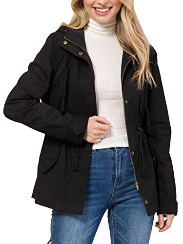 MixMatchy Women's Casual Military Anorak Jackets Zip Up Snap Button Hooded Parka Safari Utility Coats Outerwear Black 3XL