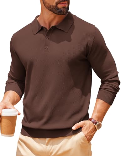 COOFANDY Men Long Sleeve Polo Sweater Knitted Polo Slim Fit Waffle Collared Pullover Sweater