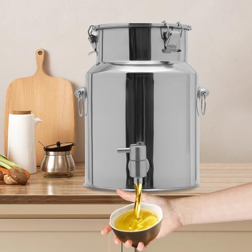 Stainless Steel Storage Bucket, Milk Can, 2.64 Gal, with Tap, Hanging Lid, with Hook, Suitable for Storing Grease, Water, Milk, Coffee