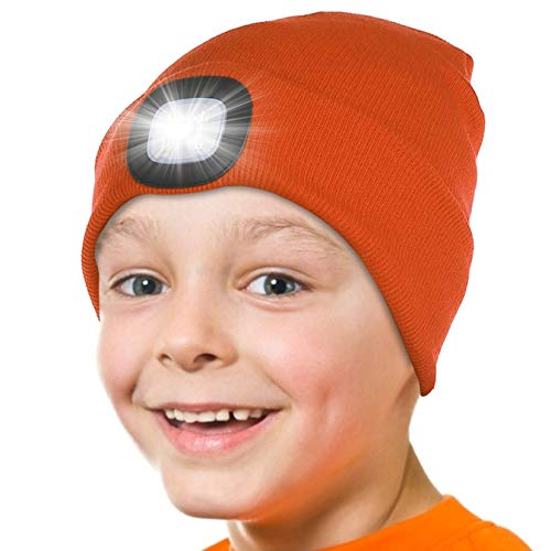 Attikee LED Lighted Beanie Hat for Kids, USB Rechargeable Hands Free 4 LED Headlamp Cap, Unisex Winter Knitted Hat with LED for Hiking, Biking, Camping, Auto Repair, Walking at Night (Orange)