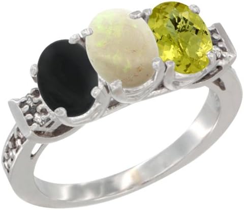 10K oro blanco natural negro Onyx, Opal & Limón Cuarzo Anillo 3-Stone Oval 7x 5mm Diamond Accent, tamaños 510