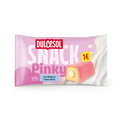 Dulcesol - Snack Pinky - Bizcochitos con cobertura rosa y relleno sabor nata, snack dulce de repostería, Pack de 3 Unidades - Bolsa 150g