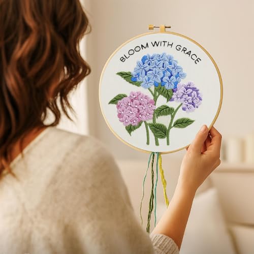 Image of Nuberlic Hydrangea Embroidery Kits for Beginner Adults Cross Stitch Kit with Stamped Pattern Include Cloth Hoops Threads Needles