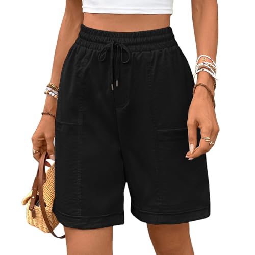 HOTIAN Bermuda Shorts Damen Lange Elastische Hohe Taille Weite Bein Kurzhose Sommerhose Baumwolle Casual Sporthose mit T...