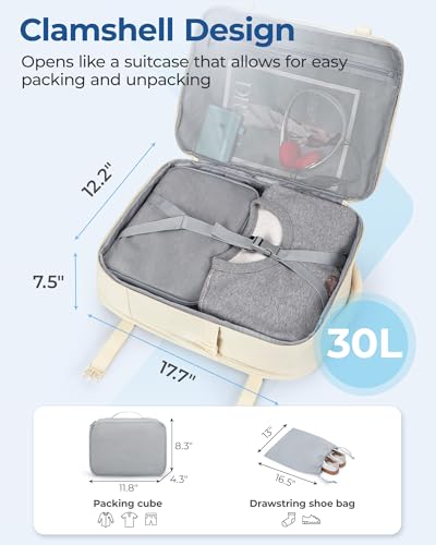 BAGSMART Travel Backpack for Women Men, 30L Carry on Backpack for Airplanes, 17 Inches Backpack for Women, with Shoe Bag & Storage Bag, Backpack Suitcase for Travel, Beige4