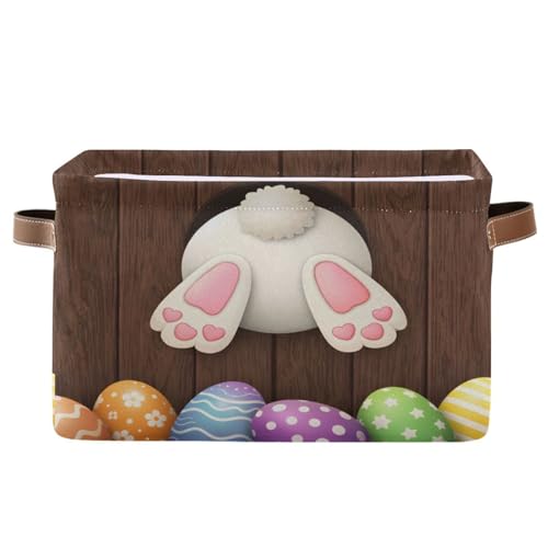 senya Easter Basket with Handles, Happy Easter Rabbit Tail White Bunny with Bottom Eggs Foldable Fabric Collapsible Storage Bins Organizer Bag for Storage Clothes