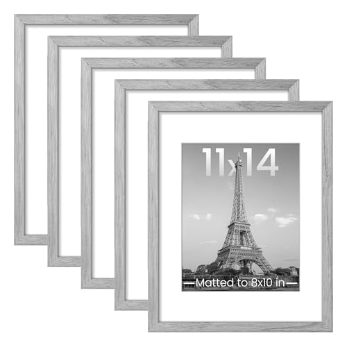 Image of upsimples 11x14 Picture Frame Set of 5, Display Pictures 8x10 with Mat or 11x14 Without Mat, Wall Gallery Photo Frames, Gray