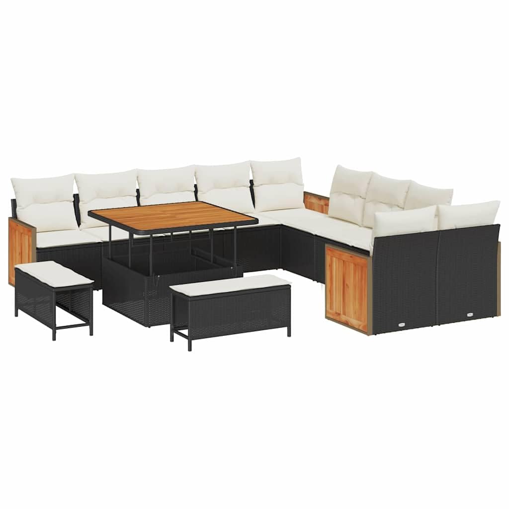 13-częściowy zestaw mebli ogrodowych, czarny i kremowy, polirattan, modułowa sofa na taras, trwałe meble outdoorowe, rama z drewna akacjowego, odporna na warunki atmosferyczne zestaw