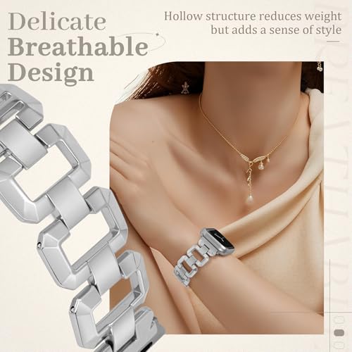 JR.DM Silver Watch Bands for Women Compatible with Apple Watch 38mm 40mm 41mm 42mm (S10/11) Dainty Dressy Bracelet Designer Metal Chain Strap Adjustable for iWatch Series 11/10/9/8/7/6/5/4/SE/3/2/1 by JR.DM - Used condition - Image 4