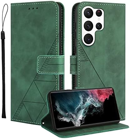 Togestar for Samsung S22 Case, [Vivid Geomatrical Pattern PU Leather] [Wrist Strap] Magnetic Closure Flip Wallet Case Card Slots Kickstand Full Protection Shockproof Case,Green