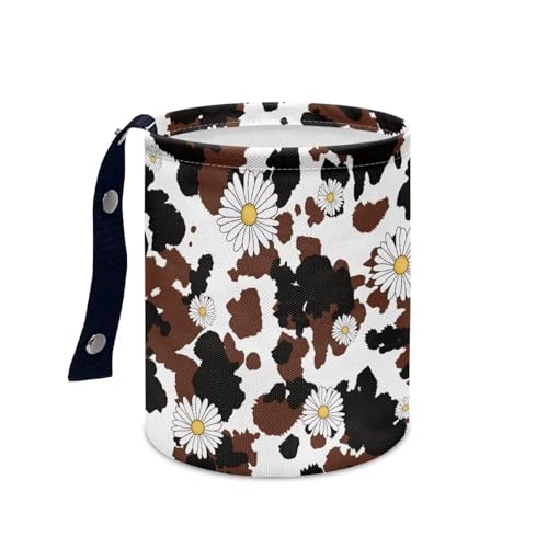 Image of Brown Cow Patterns and Daisies Print Collapsible Waste Basket Bin Multipurpose Trash Bin for Car Hanging Portable Dustbin Bin Accessories Garbage Bin Universal
