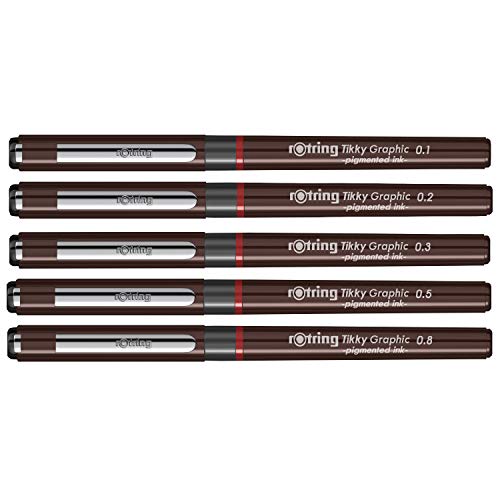 Rotring 0.1mm, 0.2mm, 0.3mm, 0.5mm, 0.8mm Line Thickness Tikky Graphic Fineliner with Black Pigmented Lightfast And Water Resistant Ink For Long Life Drawings, Sketching, Non-Refillable, 5 Pen Set Rotring 0.1mm, 0.2mm, 0.3mm, 0.5mm, 0.8mm Line Thickness Tikky Graphic Fineliner with Black Pigmented Lightfast And Water Resistant Ink For Long Life Drawings, Sketching, Non-Refillable, 5 Pen Set