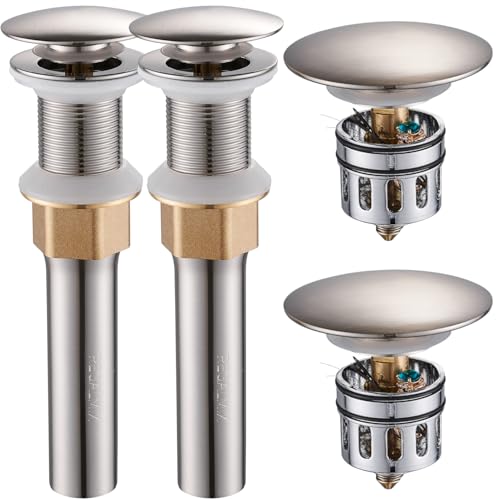 REGALMIX Bathroom Sink Drain Stopper Without Overflow, Pop Up Drain with Detachable Hair Catcher for Lavatory Vanity Vessel Sink, Brushed Nickel 2 Pack, RM082B-P2