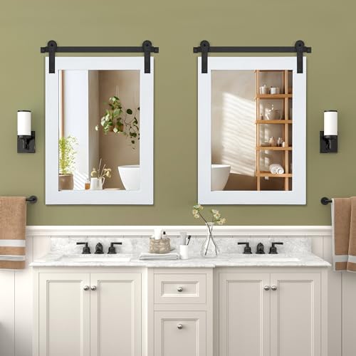 Image of COGOOD Farmhouse Barn Door Mirror - 25 x 38 Rustic Bathroom Mirror for Living Room, Entryway, Vanity Wall Decor (Pure White)
