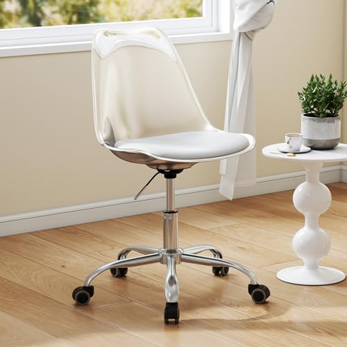 COSTWAY Chaise de Bureau Transparente, Chaise Roulante sans Accoudoirs avec Siège Pivotant et Coussin, Chaise de Coiffeuse Réglable en Hauteur avec Base Métallique pour Chambre, Bureau, Salon