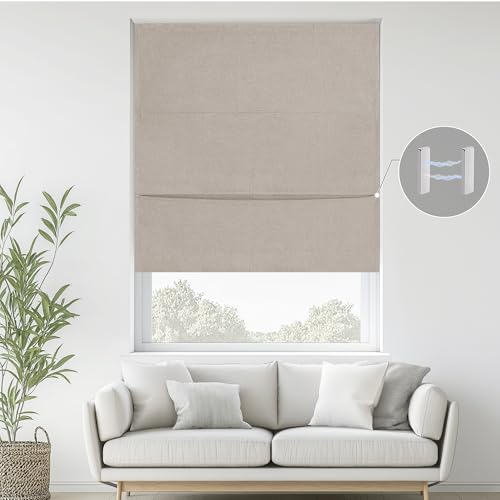 StangH 100% Blackout Magnetic Roman Shade for Windows, Cordless Linen Blind with Adhesive Thermal Insulated Window Shade for Bedroom Living Room, Natural, W 36 x L 72, 1 Panel