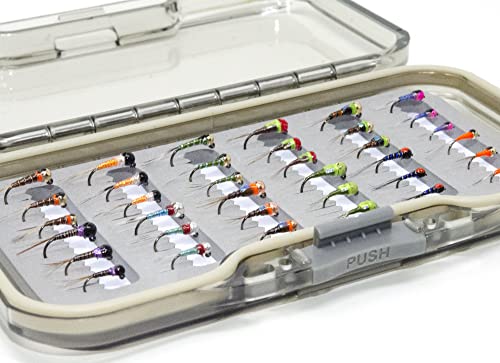 36 Premium Tungsten Bead Perdigon Nymphs Fly Fishing Flies Assortment | Trout and Grayling Fishing Lure | Waterproof Fly Box