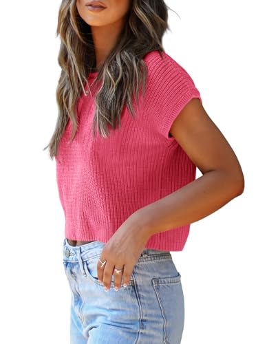 Image of LCXWFE Womens Summer Cropped Sweater Vest Trendy Cap Sleeve Crop Tops Crew Neck Loose Knit Tank Top