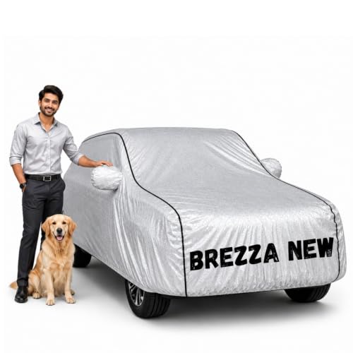 Image of Waterproof Car Cover for Brezza New | Soft Cotton Lining Heavy Duty Triple Stitched Heat Resistant Outdoor Cover Comes with Mirror and Antenna Pocket Full Bottom Elastic (Zig Zag Silver)