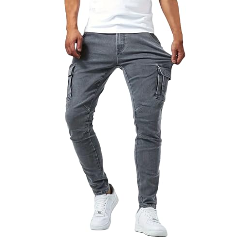 Men's Cargo Jeans Relaxed Fit Stretchy Denim Jeans Lightweight Casual Streetwear Straight Leg Athletic Pants Plain