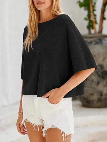 Image of Cicy Bell Womens Half Sleeve Sweaters Oversized Boat Neck Knitted Pullover Sweater Trendy Casual Loose Fit Fall Tops
