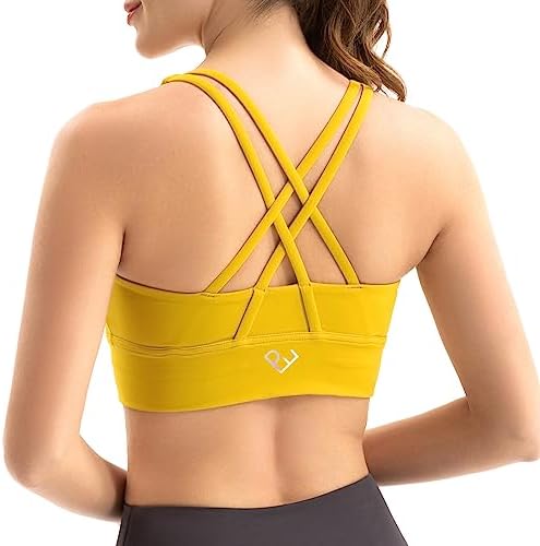 PaletteFit Strappy Sports Bras for Women, Criss Cross Back Padded Bra for Workout, Yoga, Gym (Mustard Yellow, L)