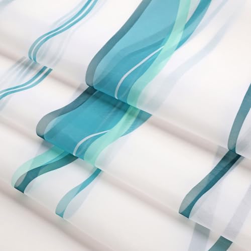 L.Z.E White and Teal Sheer Curtains 84 Inch Long 2 Panels Set for Living Room, Voile Sheer Curtains & Drapes for Bedroom Dining Room Kids Room, Rod Pocket Wave Pattern Window Sheers (55W x 84L) - Image 7
