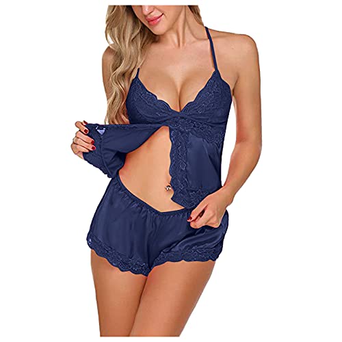 La Mejor Lista de Lenceria para Niñas disponible en línea. 41 Conjunto de ropa de dormir de encaje de seda satinada, lencería sexy, ropa de dormir para mujer, Azul, S