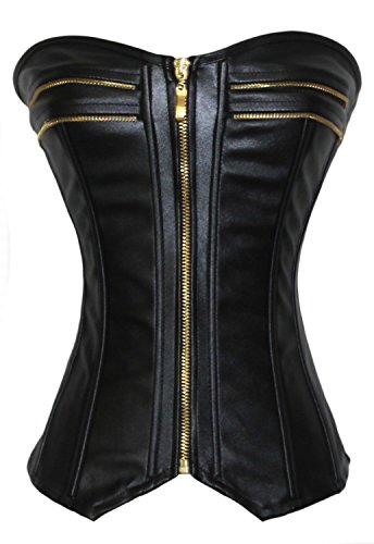 KIWI RATA Women s Punk Rock Faux Leather Buckle-up Corset Bustier Basque with G-string, Punk Black, Large