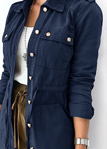Caramitty Casual Jacket For Women Lightweight Trendy Navy Trench Coat Button Down Utility Coat Millitary Basic Anorak #TOP2