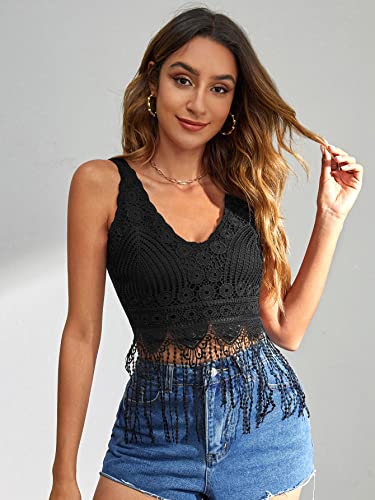 Verdusa Women's V Neck Guipure Front Fringe Crop Tank Tops Western Concert Tops Country Concert Outfits Cowboy Chic3