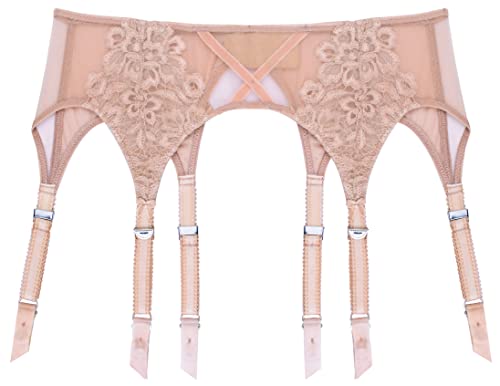 Dahlia Suspender- Garter Belt Includes 6 Garter Attachments, Guipure Lace And Sheer Mesh, Beige (Crème Caramel), M/Us8, 1 Piece #TOP3