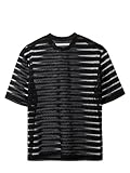 SOLY HUX Men's Short Sleeve Striped See Through Casual Top Crew Neck Mesh Tee Club Party T-Shirts Black Striped Large