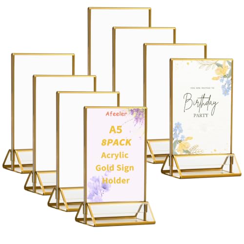 Afeeler Lot de 8 Présentoirs de Table en Acrylique, Support pour Menu A5 16x21cm, Cadres Photos Dorés Double Face, Porte-numéros de Table Dorés pour Restaurants Menus Hôtel Mariages