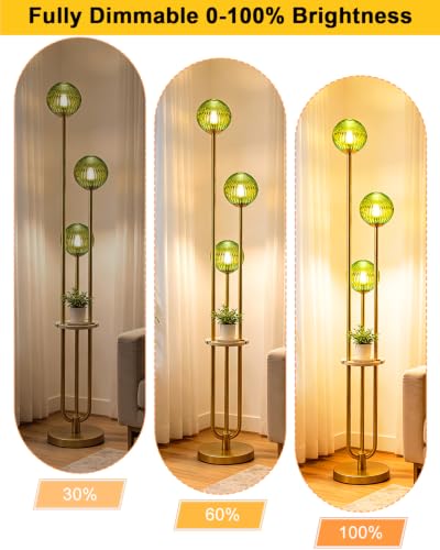 Image of Lightdot Green Glass Floor Lamp with Shelf 63IN Dimmable Mid Century Modern Gold Standing Lamps 3000K Bulbs Included Globe Floor Lamp with 5Lbs Heavy Base for Living Room /Wedding /Sofa Beside /Corner