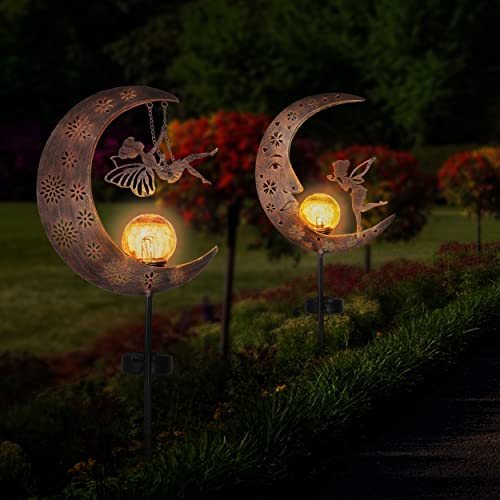 Teresa's Collections Yard Art Moon Solar Garden Lights, 40 Inch Metal Fairy Lawn Ornaments, Garden Decor For Outside With Crackle Glass Ball, Angel Outdoor Decorative Stake Patio Decorations Set Of 2 #TOP2