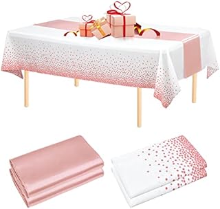 Pesonlook 2Pcs Satin Table Runner Glitter Rose Gold 12x108 inch, 2Pcs Table Cloths Disposable 54x108 inch, Plastic Tablecloths Rectangular Table Covers for Parties Thanksgiving Wedding Anniversary