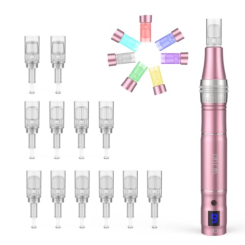 Stylo Beauté Microneedling avec 7 Lumières, PELCAS Électrique Microneedling avec 9 Vitesses et 12 Cartouches, Rechargeable et Sans Fil