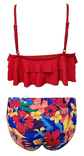 Shekini Girls Floral Printing Bathing Suits Ruffle Flounce Two Piece Swimsuits (Rose Red - B, 12-14 Years) #TOP1