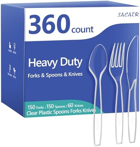 360 Count Plastic Silverware Heavy Duty - Forks, Spoons, Knives, BPA-Free, Disposable Utensils Set, Plastic Cutlery Set, Plasticware for Wedding Party